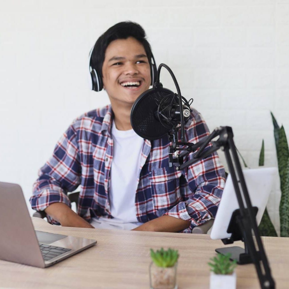 Professional recording setup for corporate narration voiceover